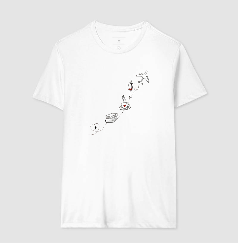 Camiseta Livro Cafe Vinho Aviao | Rota da Vida Viajante | Colecao Viciados em Viagem - Imagem 7
