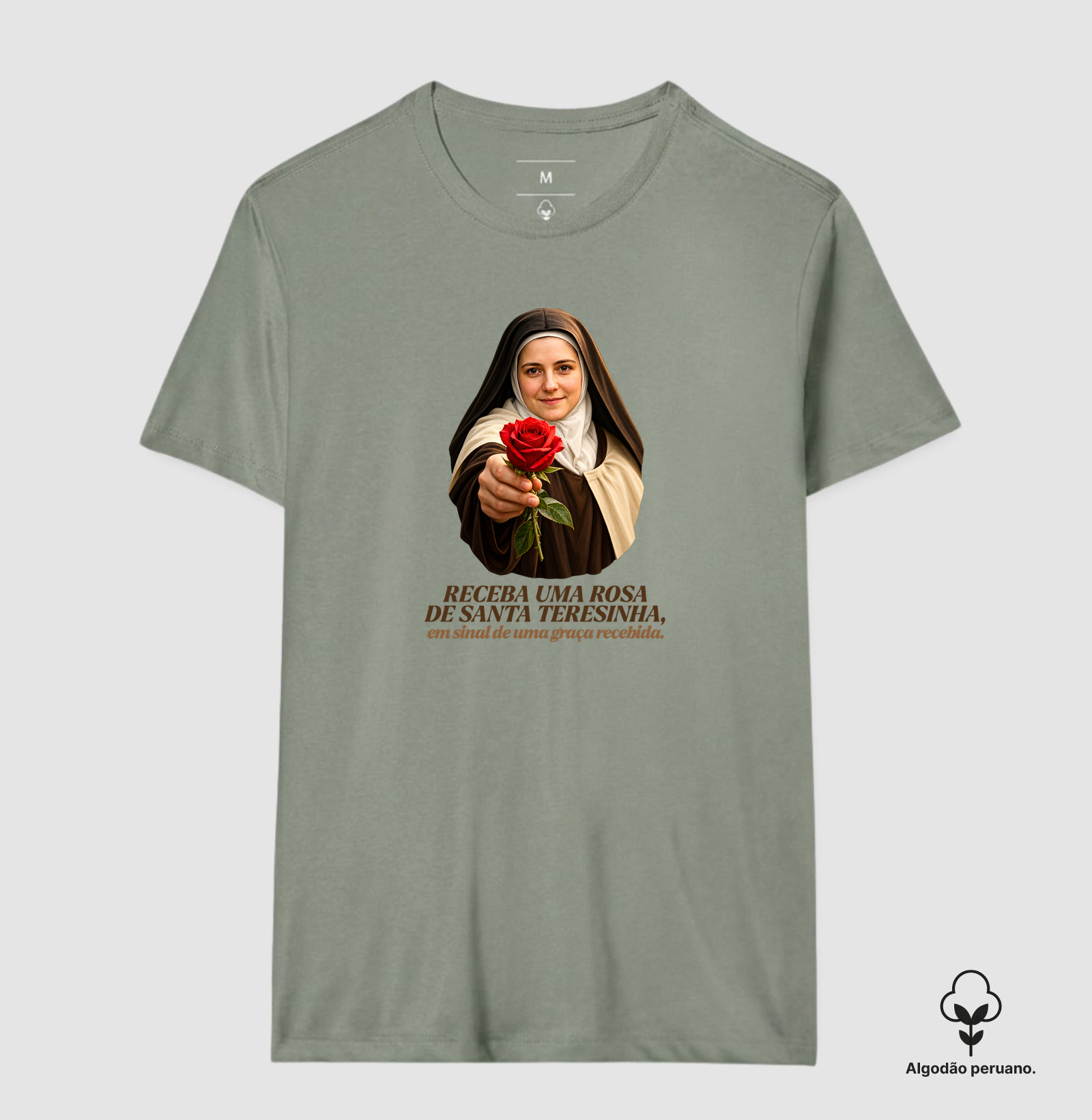 Camiseta Santa Teresinha do Menino Jesus Receba uma Rosa - Imagem 7
