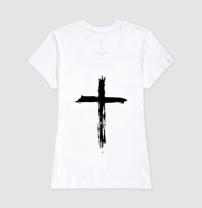Camiseta Feminina Acinturada Cruz Pincelada - Estampa Branca - Imagem 3