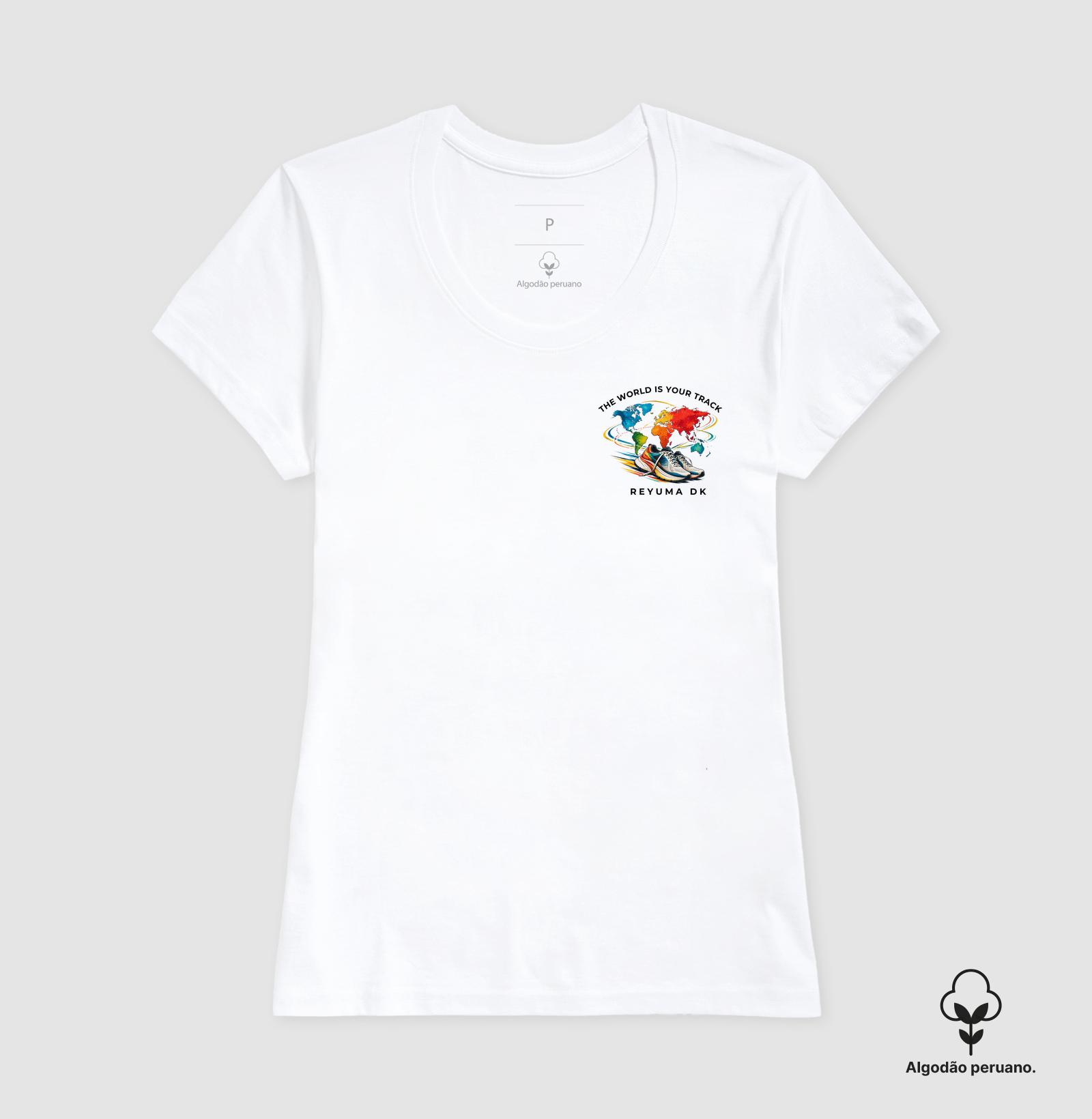 Camiseta Masculina, Feminina, Babylook e Unissex de Algodão Peruano Corrida "The World Is Your Track" - Imagem 3