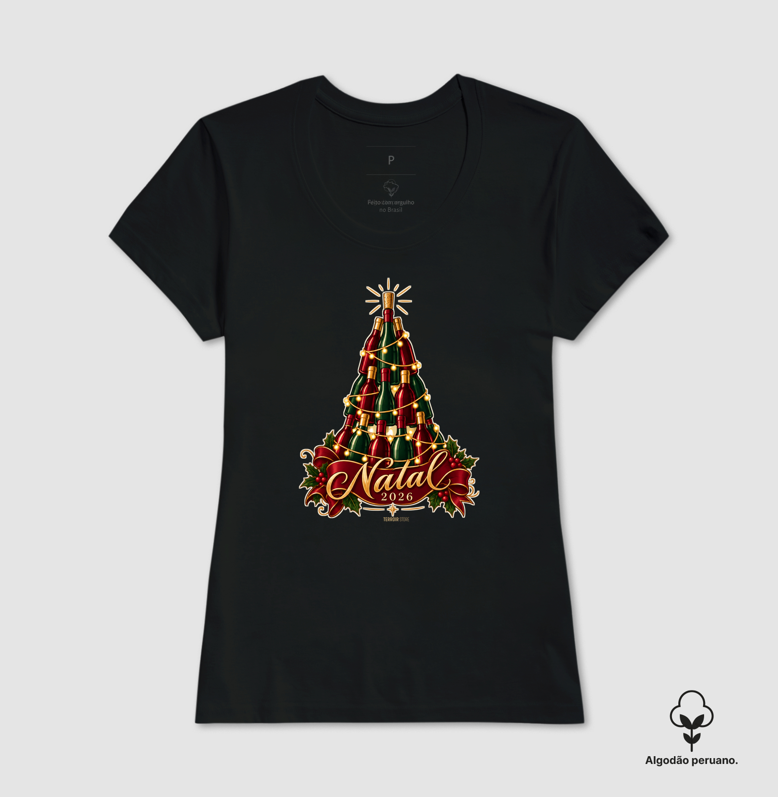 Camiseta Algodão Peruano Natal 2026 – Árvore de Garrafas de Vinho - Imagem 6