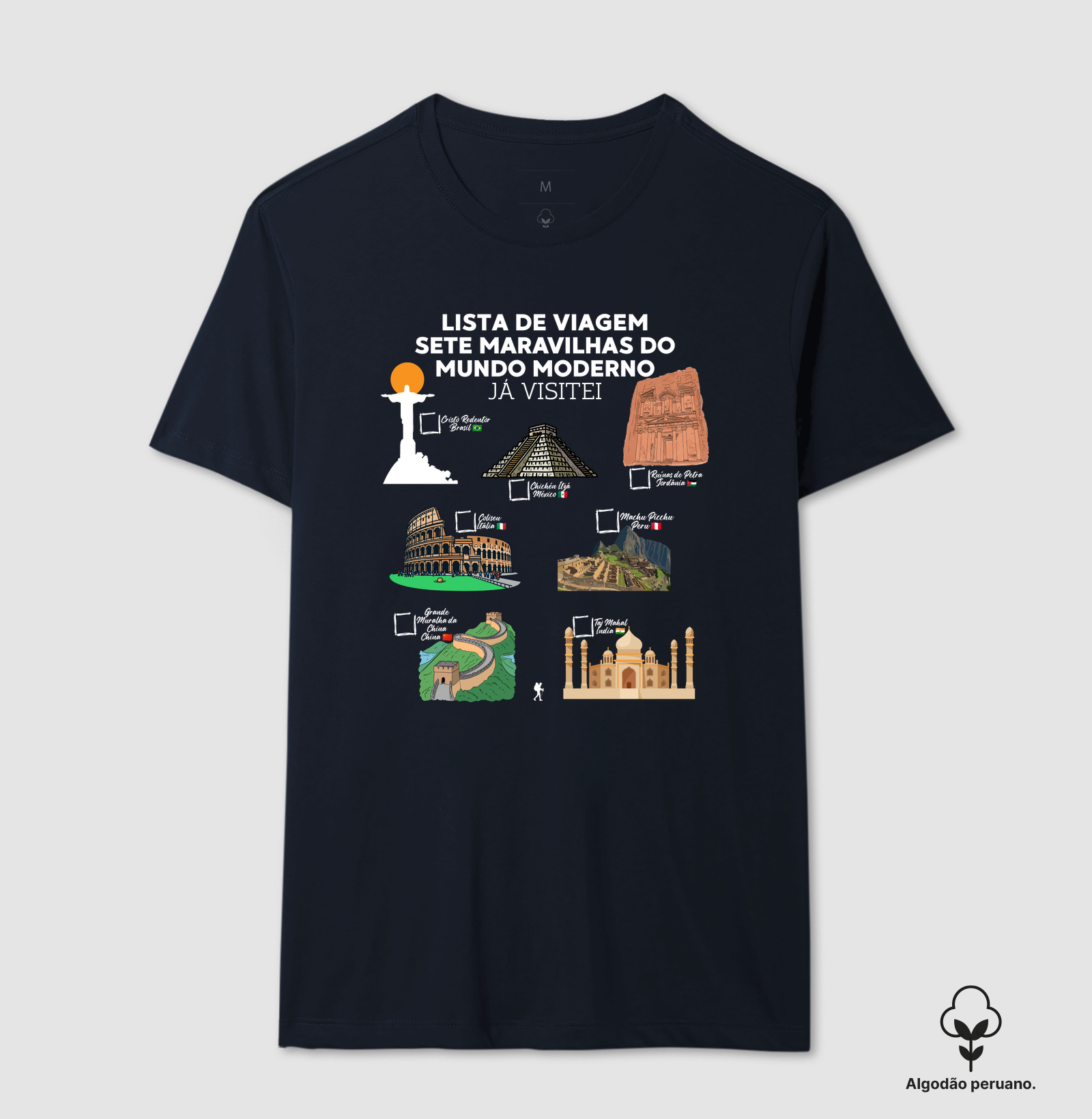 Camiseta Lista de Viagem Sete Maravilhas do Mundo Moderno | Marque as que Ja Visitou | Colecao Personalizaveis - Imagem 9