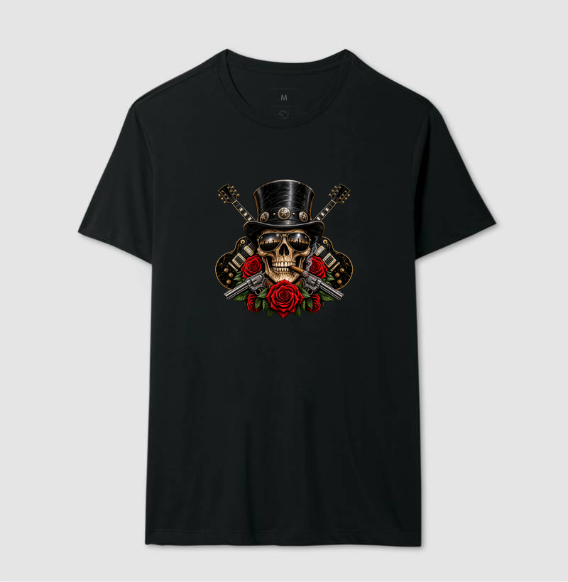Camiseta Rock Skull com Guitarras, Rosas e Caveira – Estilo Rock’n’Roll - Imagem 2