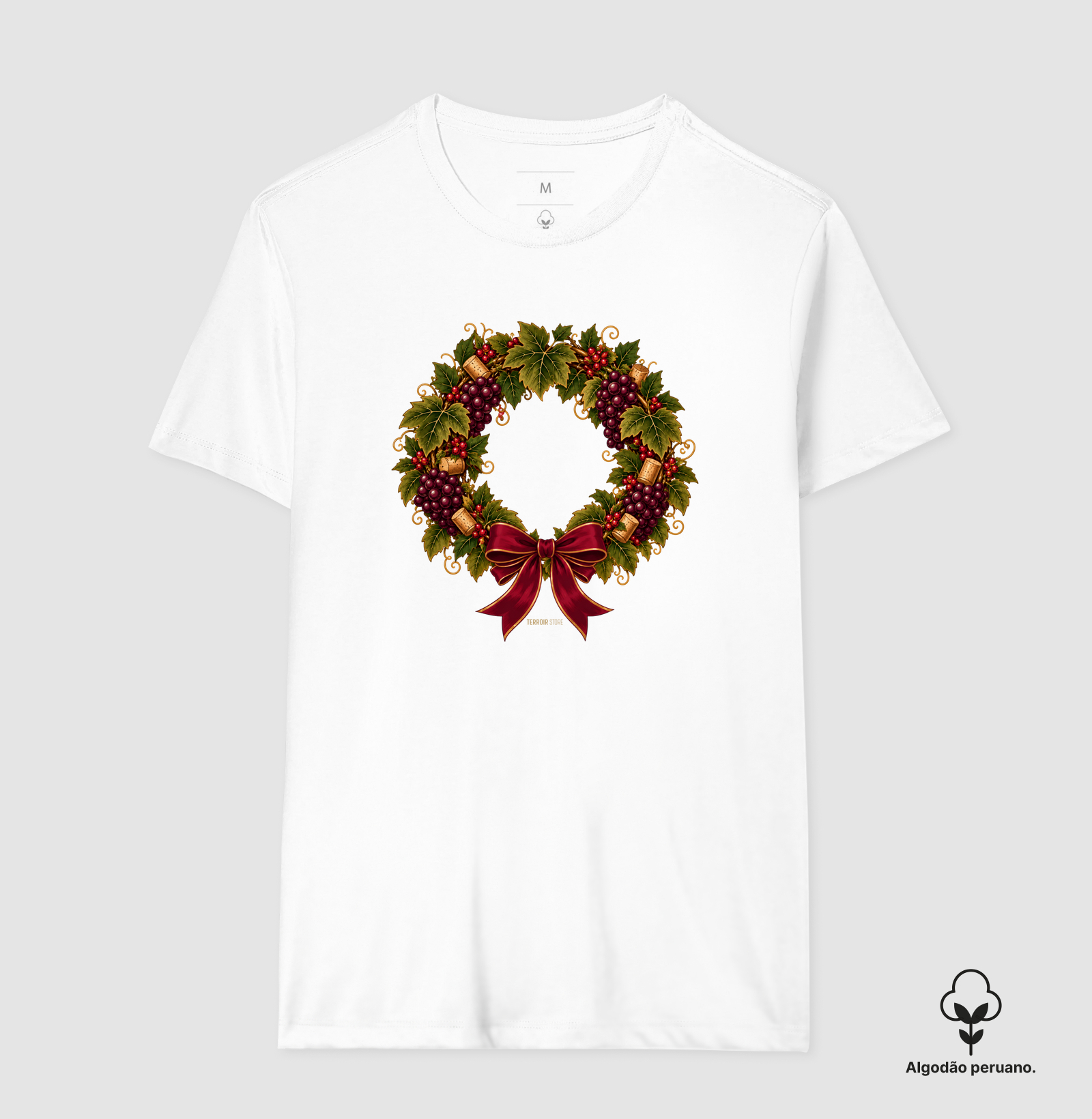 Camiseta Algodão Peruano Guirlanda de Natal do Vinho – Uvas, Rolhas e Laço - Imagem 5