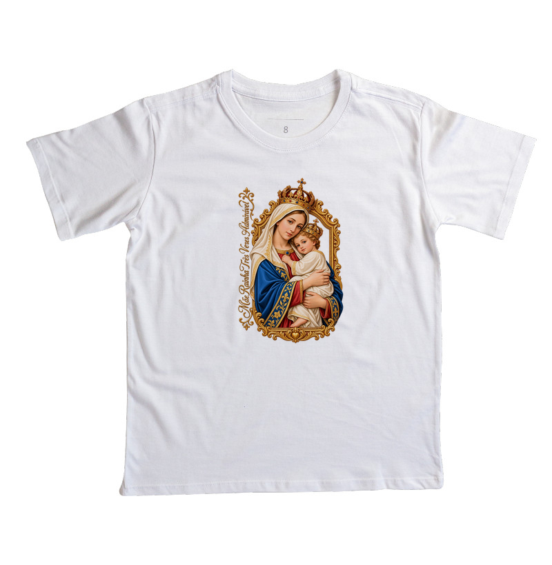 Camiseta Mãe Rainha Três Vezes Admirável Com Menino Jesus - Imagem 4