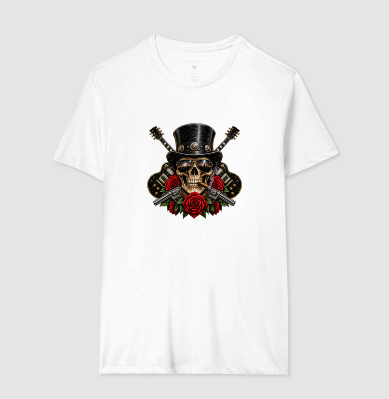 Camiseta Rock Skull com Guitarras, Rosas e Caveira – Estilo Rock’n’Roll - Imagem 4