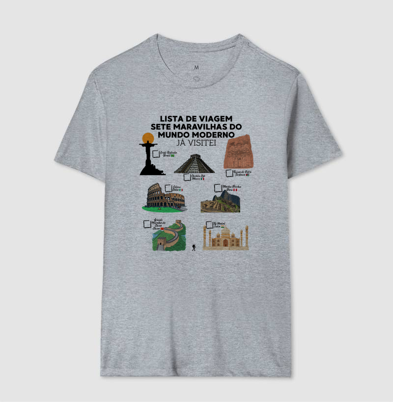 Camiseta Lista de Viagem Sete Maravilhas do Mundo Moderno | Marque as que Ja Visitou | Colecao Personalizaveis - Imagem 11