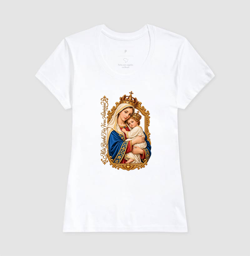 Camiseta Mãe Rainha Três Vezes Admirável Com Menino Jesus - Imagem 5
