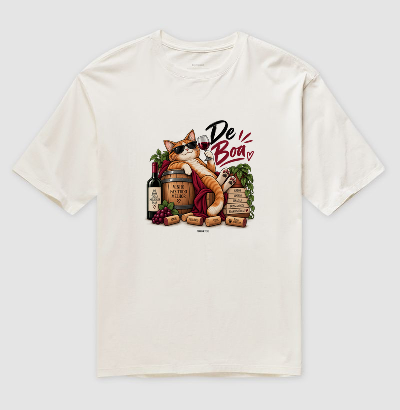 Camiseta Oversized “De Boa” Gato com Vinho – Estilo Relax & Life Mood - Imagem 4