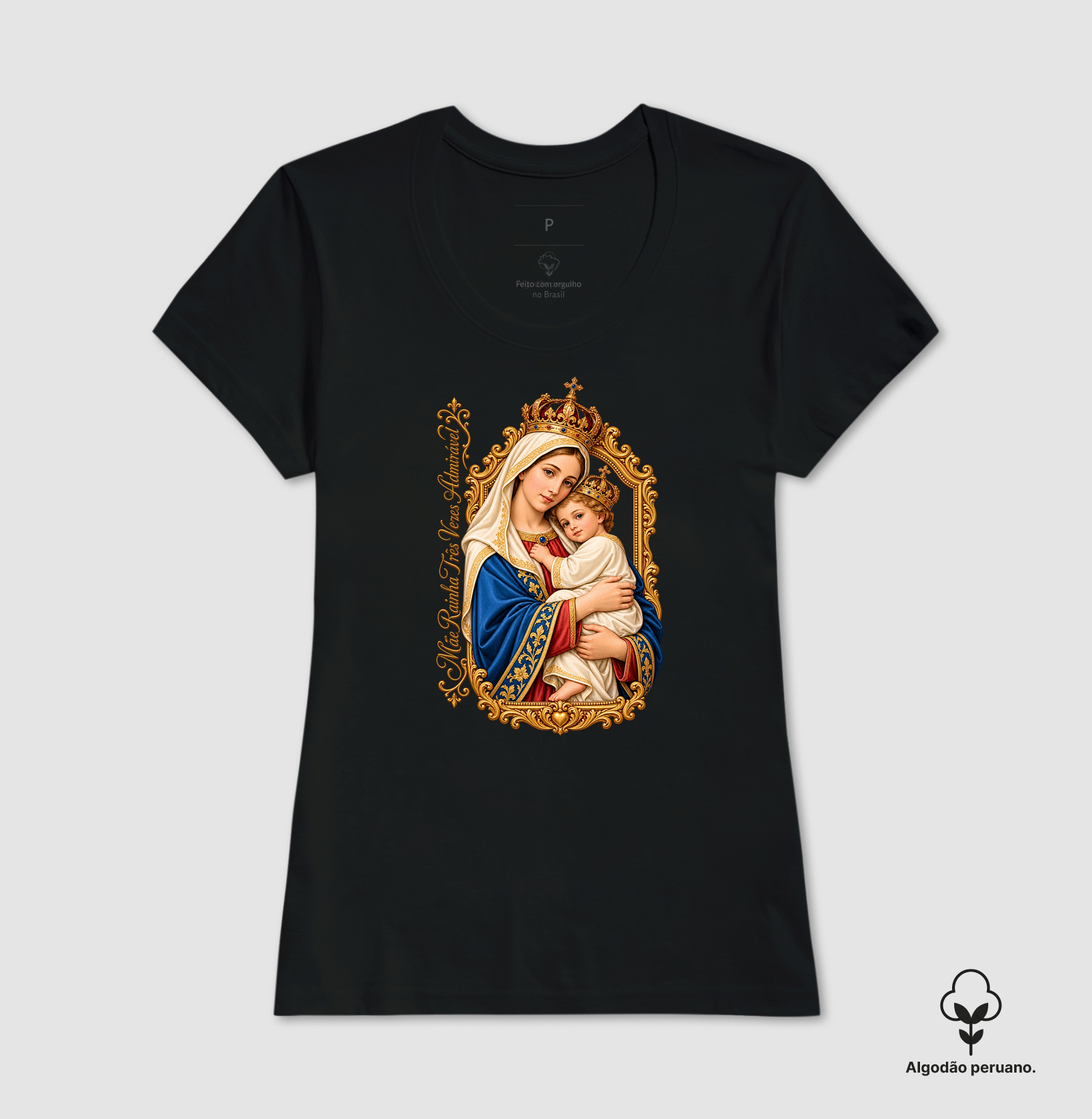 Camiseta Mãe Rainha Três Vezes Admirável Com Menino Jesus - Imagem 5
