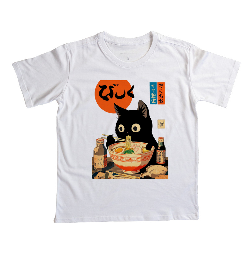 Camiseta Infantil Gato Comendo Ramen Japones - Algodão Penteado  - Imagem 6