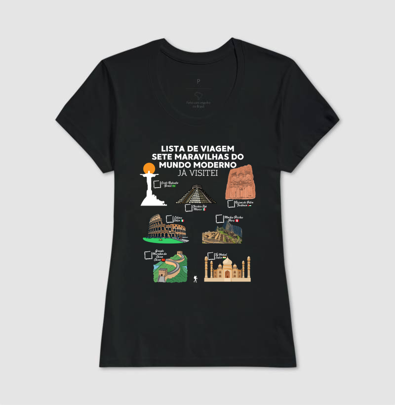 Camiseta Lista de Viagem Sete Maravilhas do Mundo Moderno | Marque as que Ja Visitou | Colecao Personalizaveis - Imagem 6