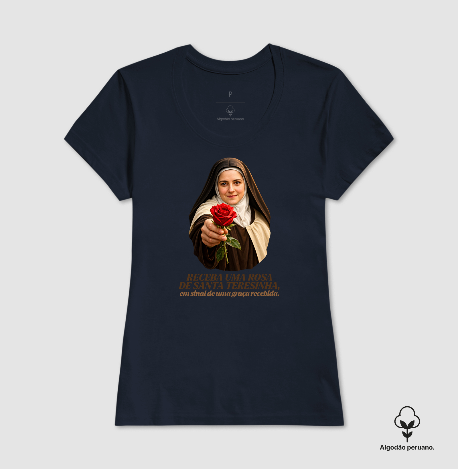 Camiseta Santa Teresinha do Menino Jesus Receba uma Rosa - Imagem 6