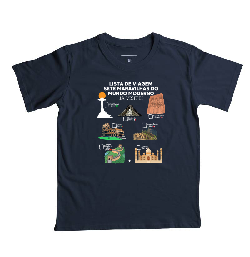 Camiseta Lista de Viagem Sete Maravilhas do Mundo Moderno | Marque as que Ja Visitou | Colecao Personalizaveis - Imagem 3