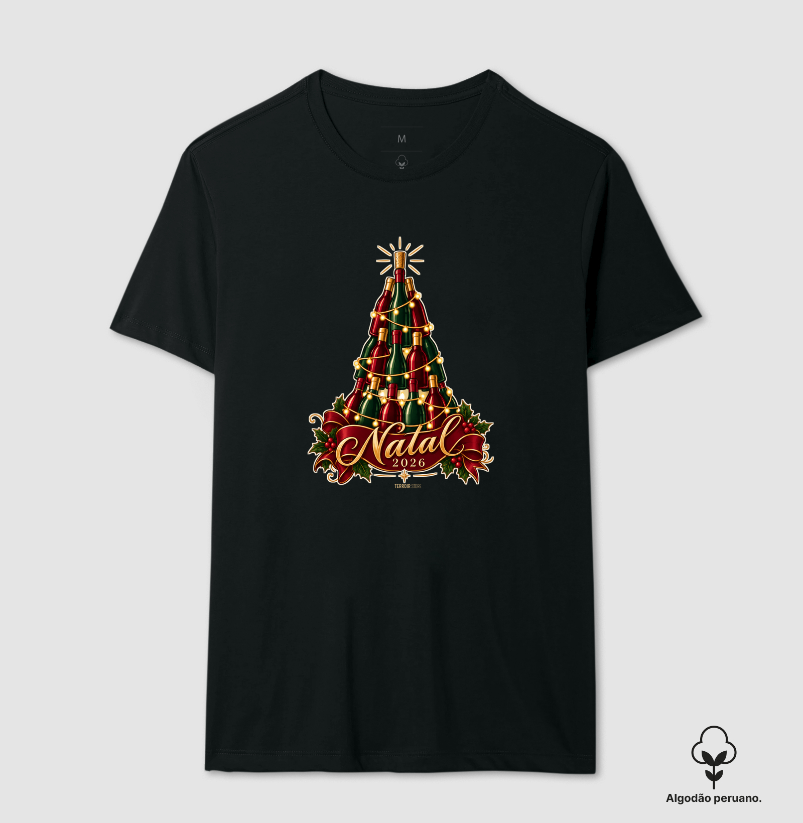 Camiseta Algodão Peruano Natal 2026 – Árvore de Garrafas de Vinho - Imagem 2