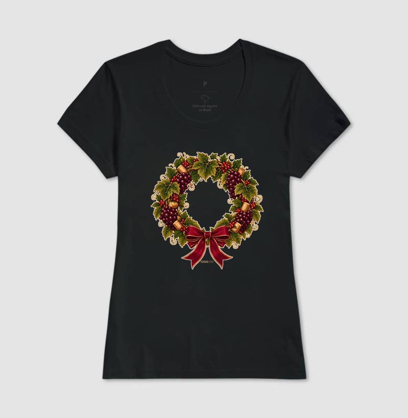 Camiseta Guirlanda de Natal do Vinho – Uvas, Rolhas e Laço - Imagem 3