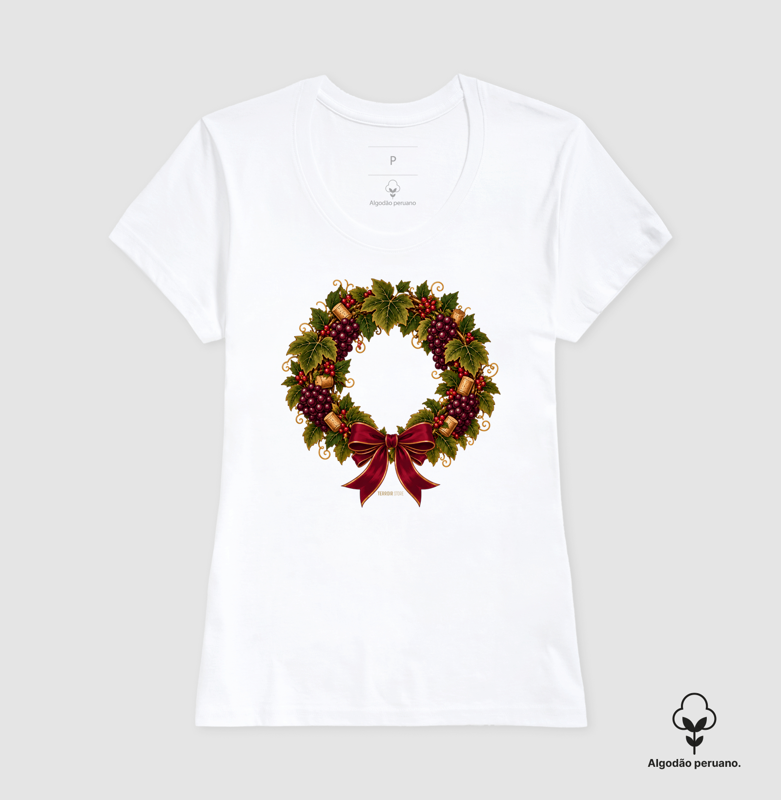 Camiseta Algodão Peruano Guirlanda de Natal do Vinho – Uvas, Rolhas e Laço - Imagem 7