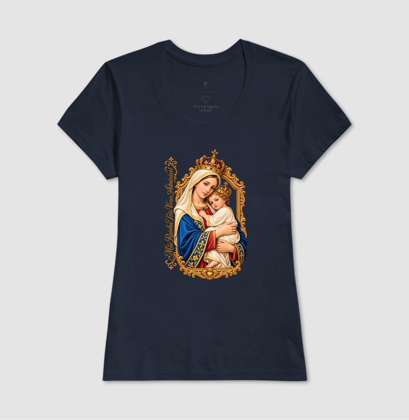 Camiseta Mãe Rainha Três Vezes Admirável Com Menino Jesus - Imagem 7