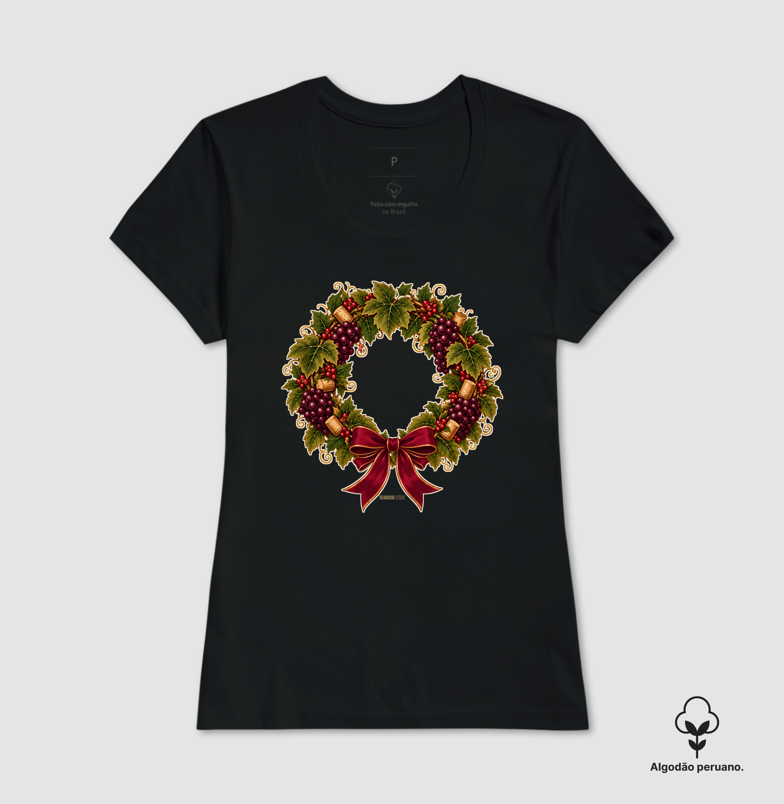 Camiseta Algodão Peruano Guirlanda de Natal do Vinho – Uvas, Rolhas e Laço - Imagem 6