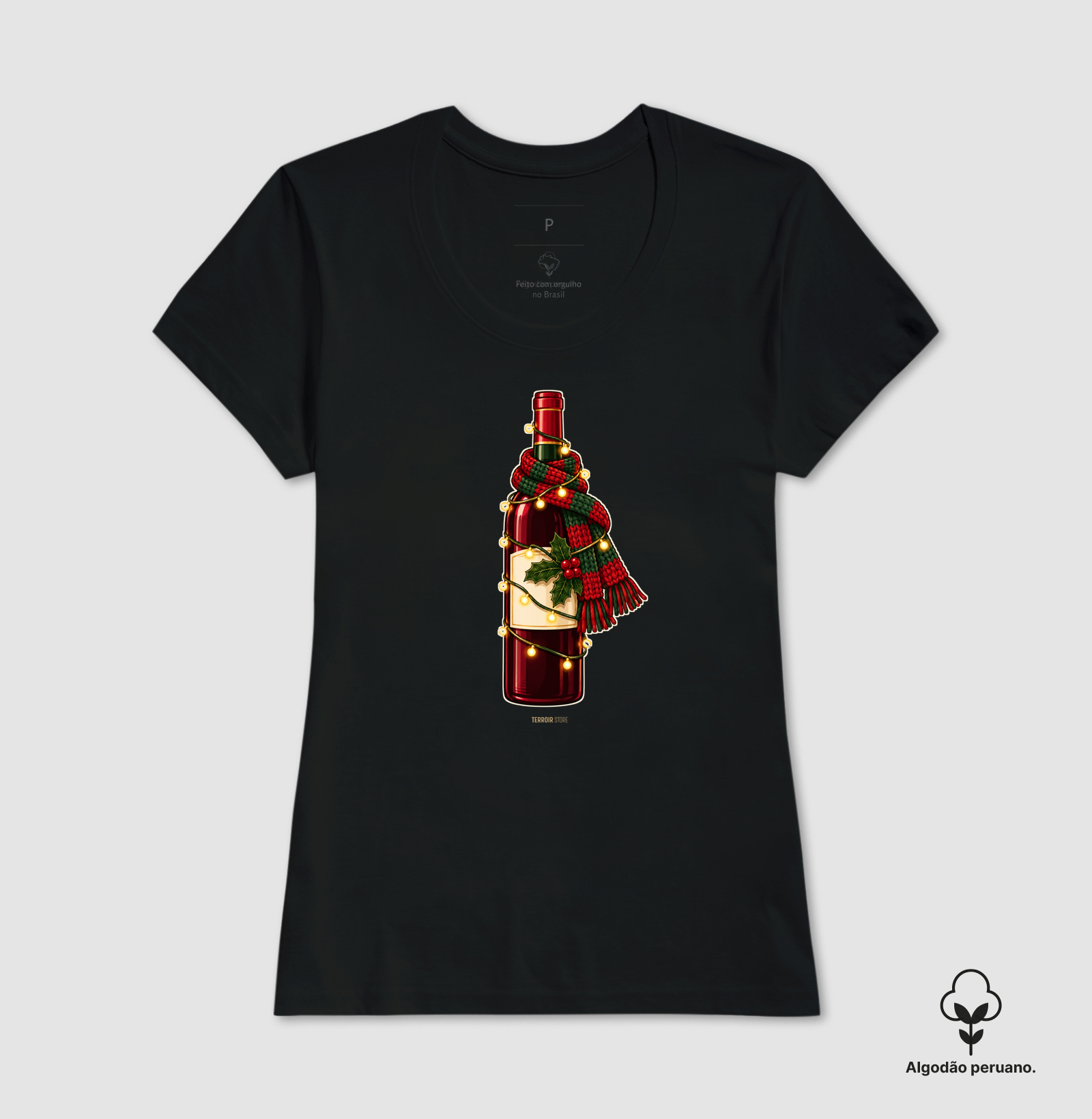 Camiseta Algodão Peruano Natal com Vinho – Garrafa de Cachecol e Pisca-Pisca - Imagem 8