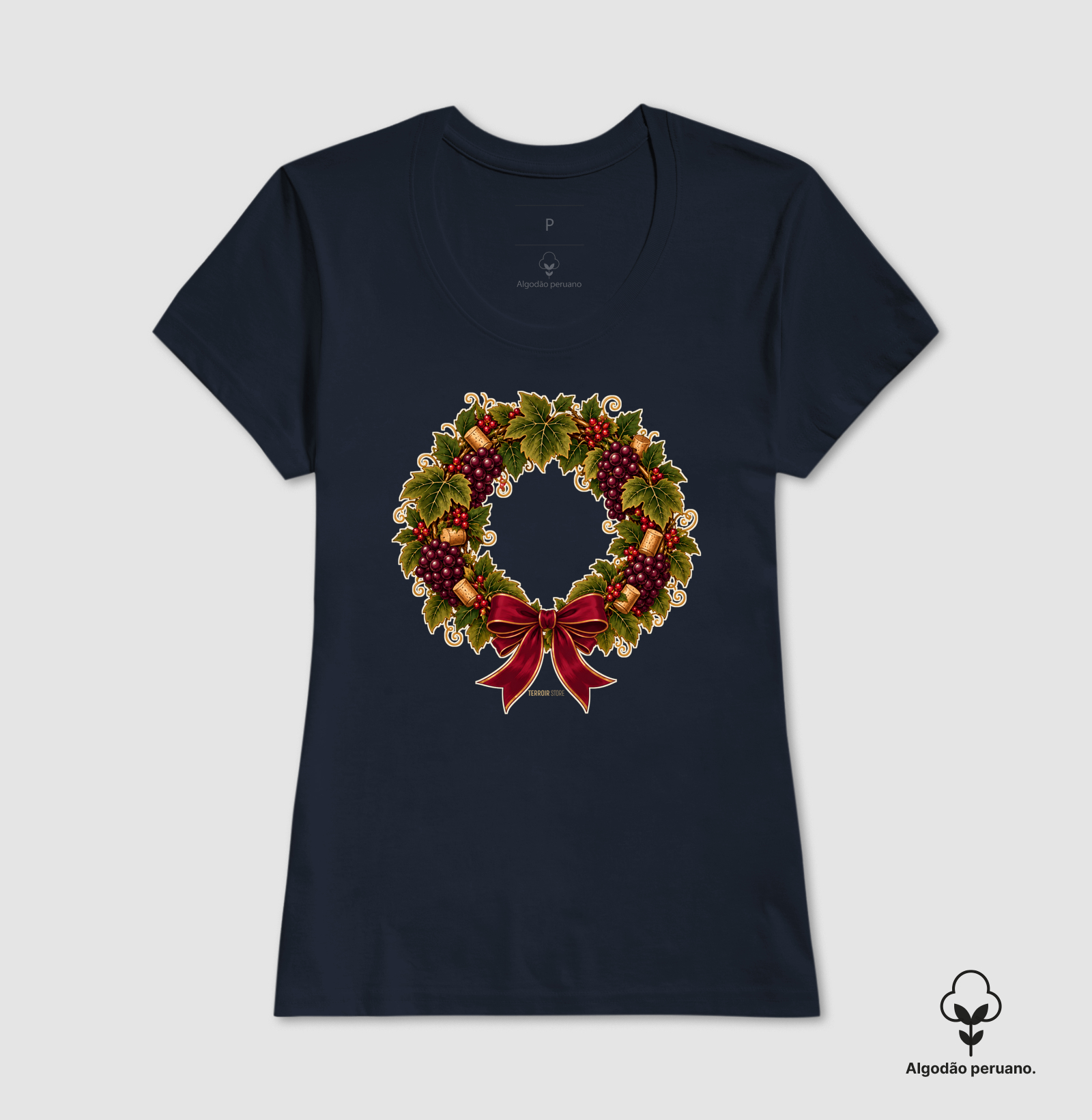 Camiseta Algodão Peruano Guirlanda de Natal do Vinho – Uvas, Rolhas e Laço - Imagem 2
