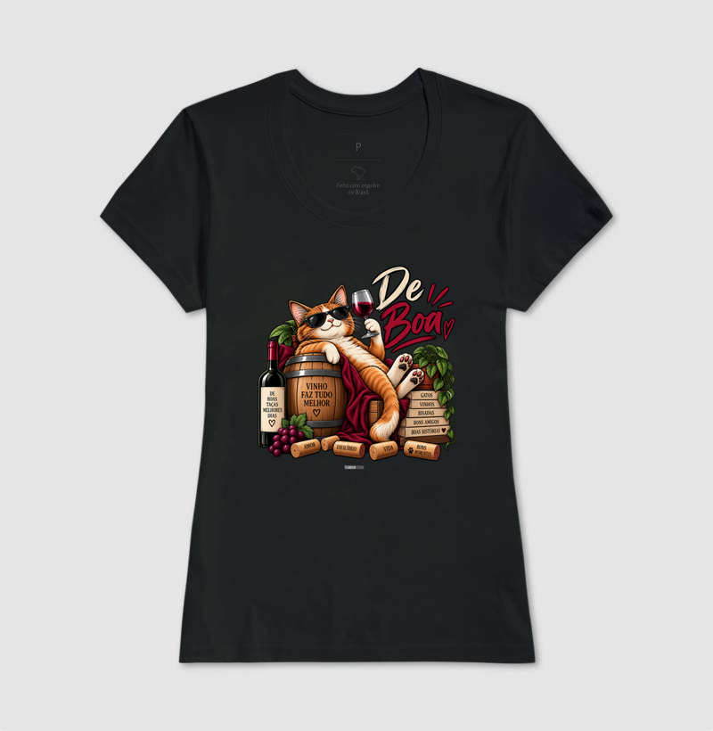 Camiseta “De Boa” Gato com Vinho – Estilo Relax & Life Mood - Imagem 3