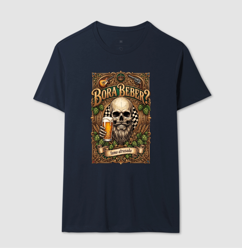Bora Beber? Tamo Atrasado! | Camiseta Caveira Tattoo - Imagem 7