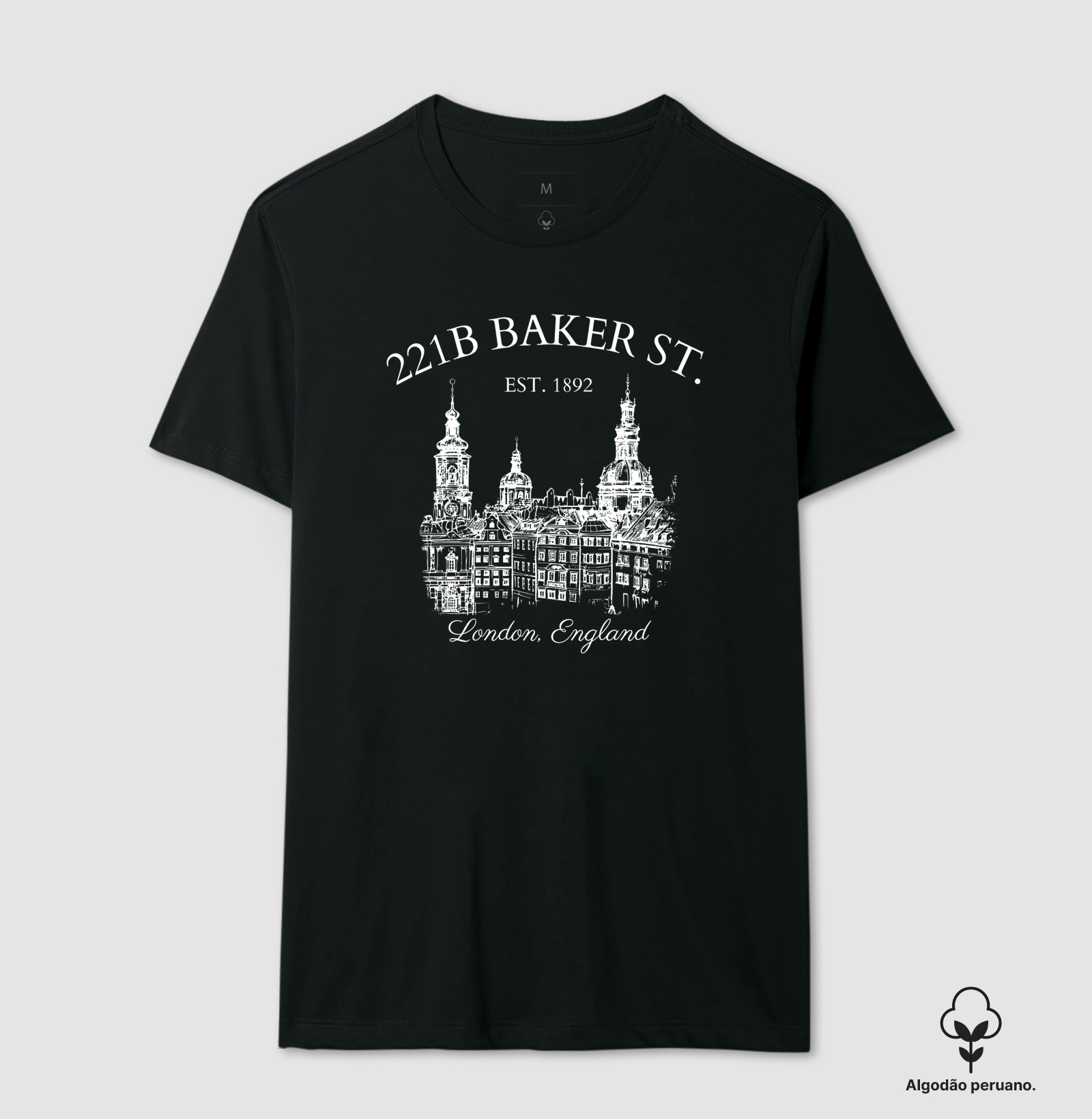 Camiseta Sherlock Holmes 221B Baker Street Literatura Inglesa Algodão Peruano   - Imagem 3