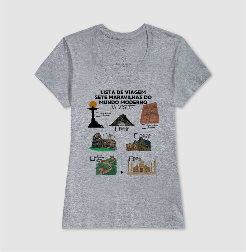 Camiseta Lista de Viagem Sete Maravilhas do Mundo Moderno | Marque as que Ja Visitou | Colecao Personalizaveis - Imagem 12
