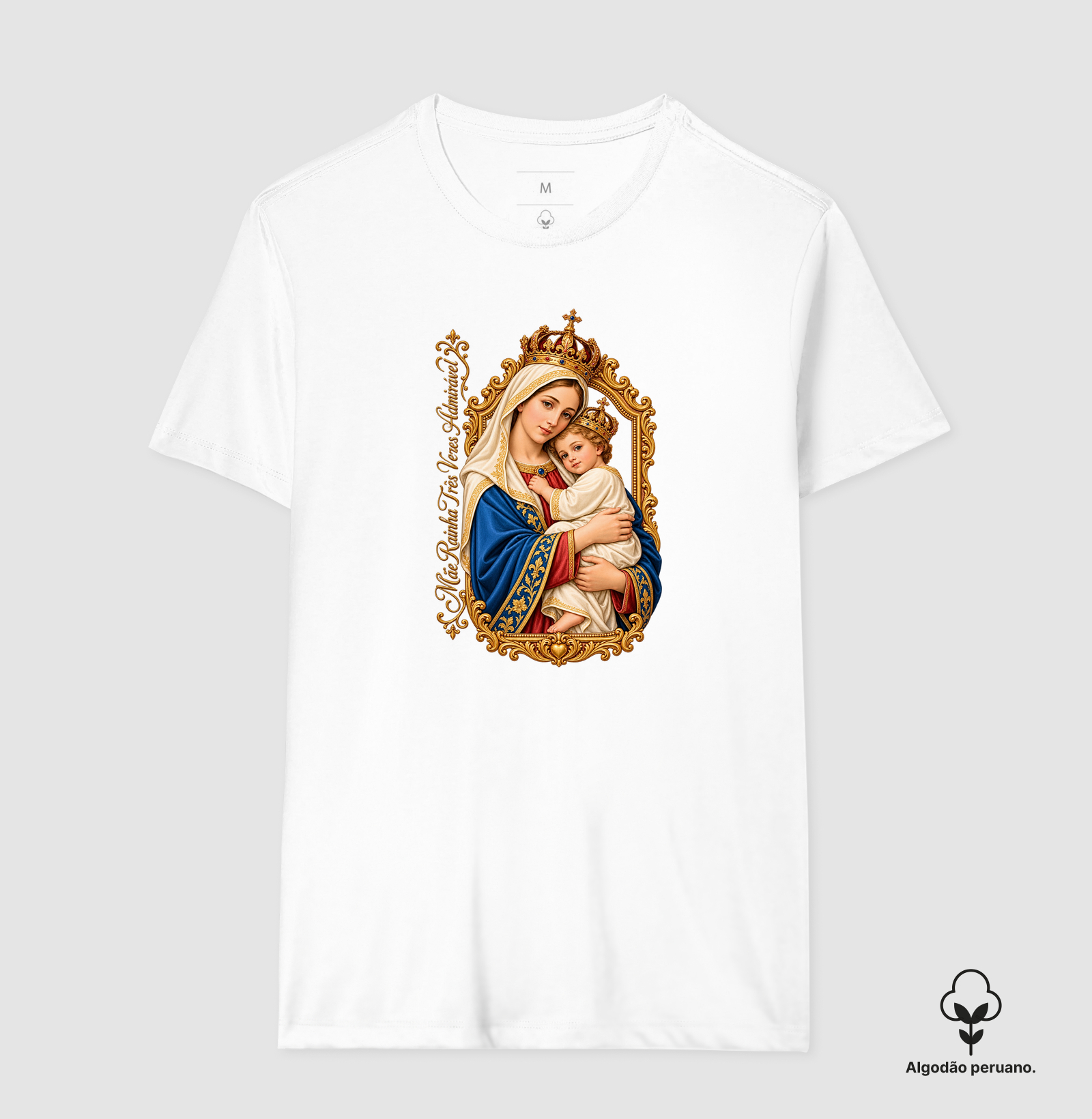 Camiseta Mãe Rainha Três Vezes Admirável Com Menino Jesus - Imagem 4