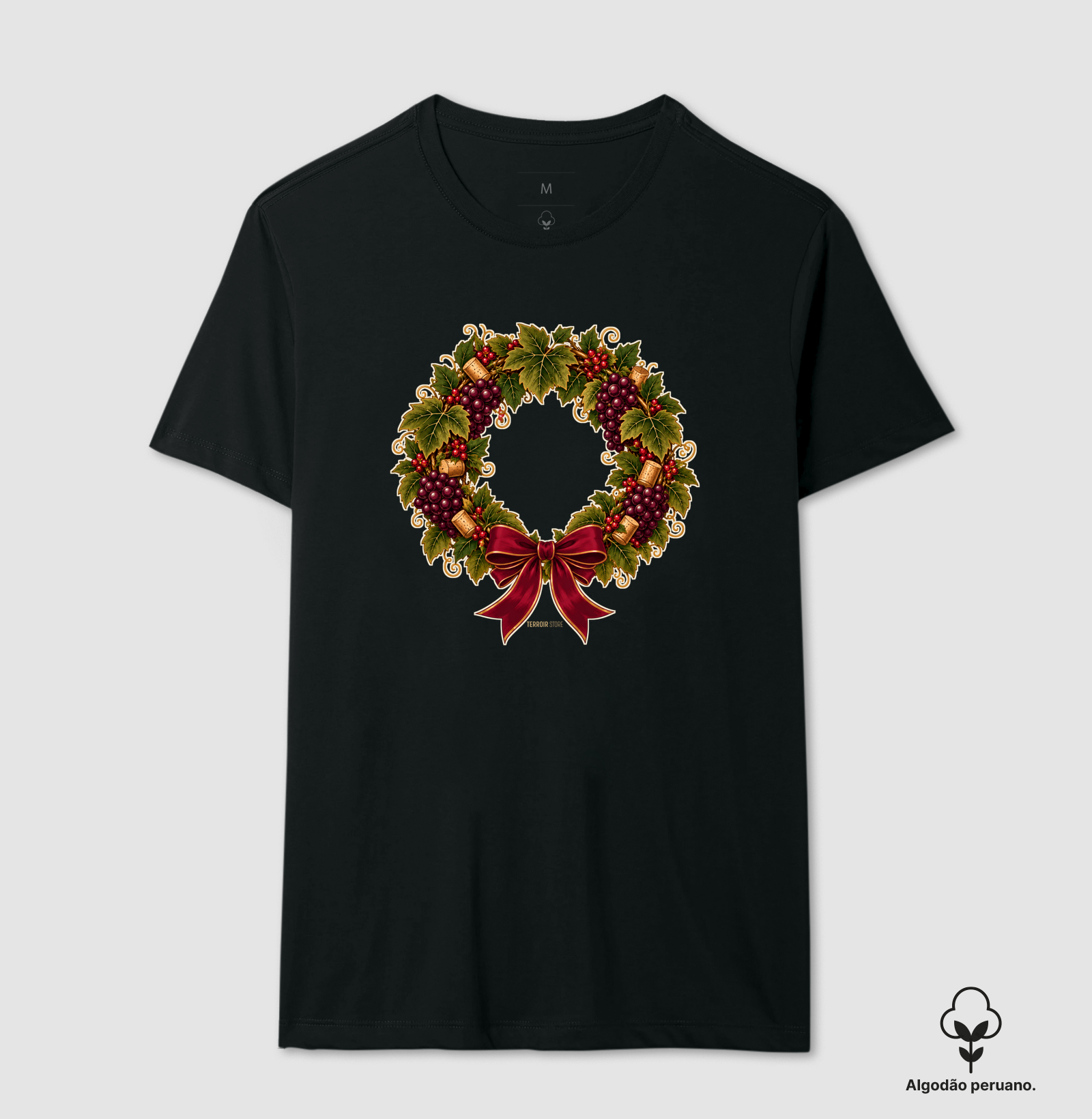 Camiseta Algodão Peruano Guirlanda de Natal do Vinho – Uvas, Rolhas e Laço - Imagem 3