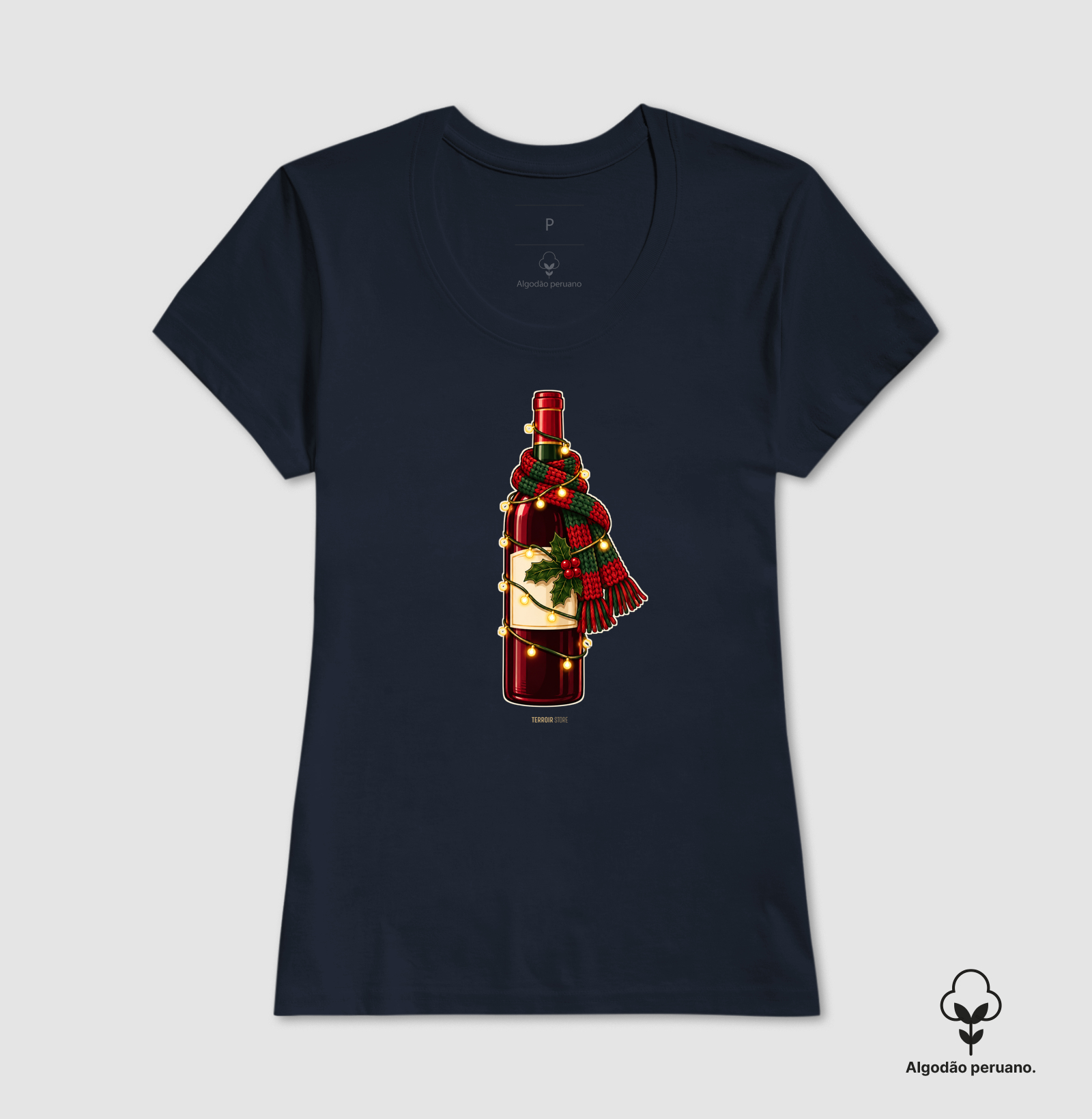 Camiseta Algodão Peruano Natal com Vinho – Garrafa de Cachecol e Pisca-Pisca - Imagem 9