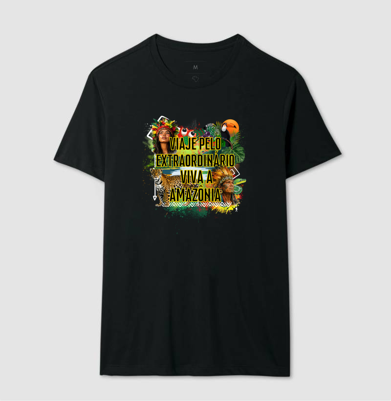 Camiseta Viaje pelo Extraordinario Viva a Amazonia | Onca Tucano Indigena | Colecao Viciados em Viagem - Imagem 5