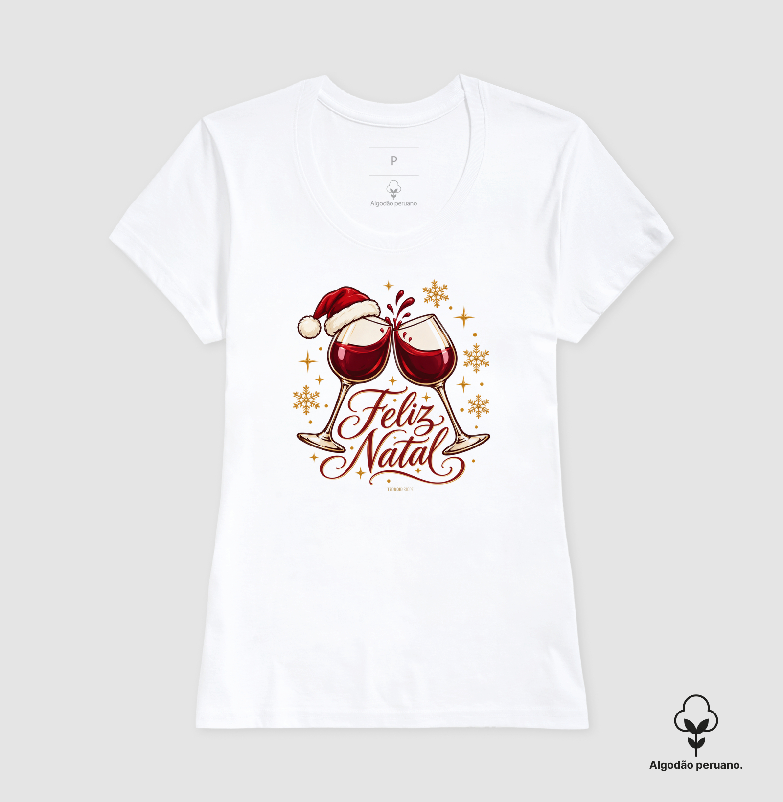 Camiseta Algodão Peruano Feliz Natal – Brinde de Taças de Vinho - Imagem 3