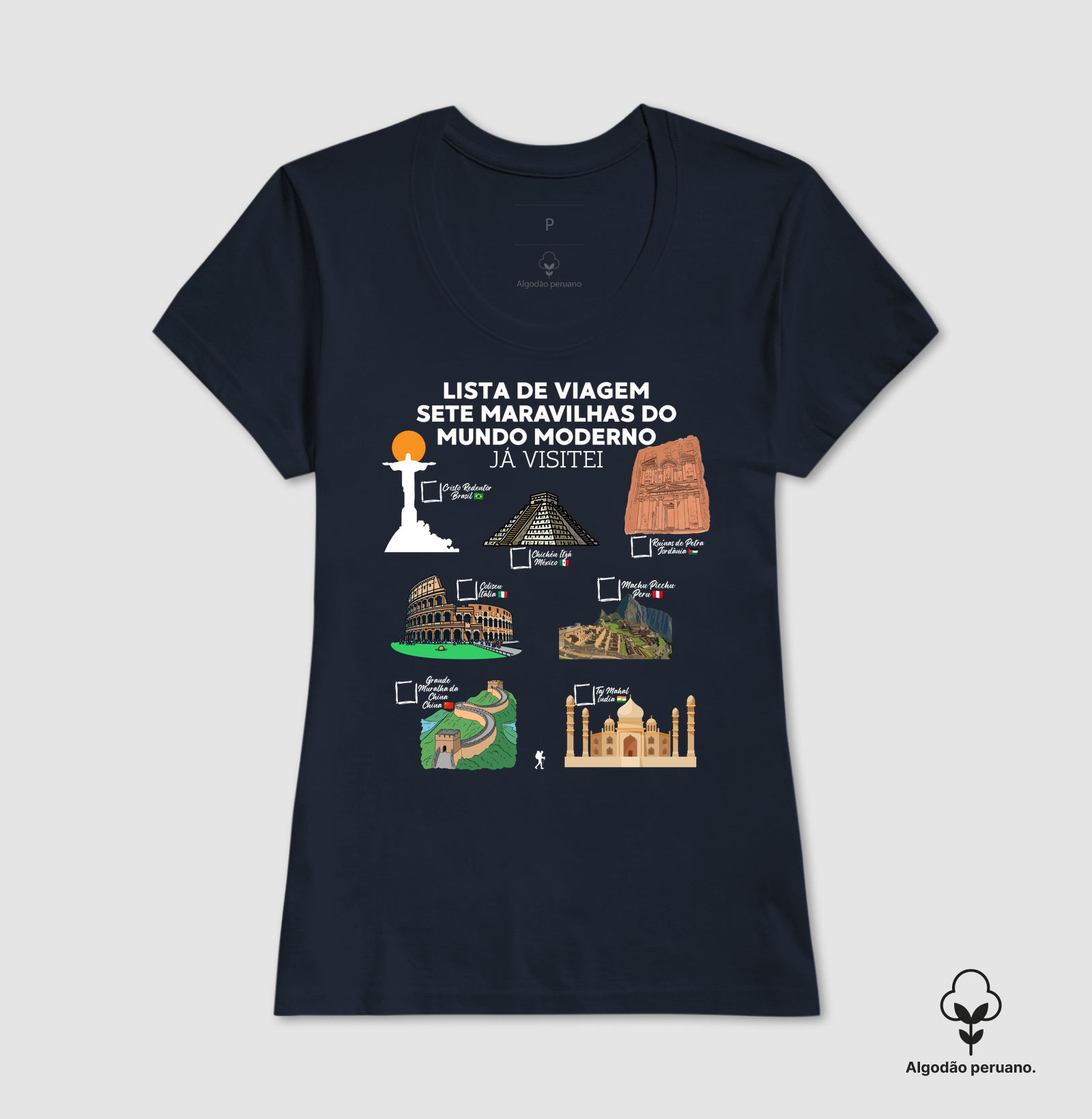 Camiseta Lista de Viagem Sete Maravilhas do Mundo Moderno | Marque as que Ja Visitou | Colecao Personalizaveis - Imagem 5