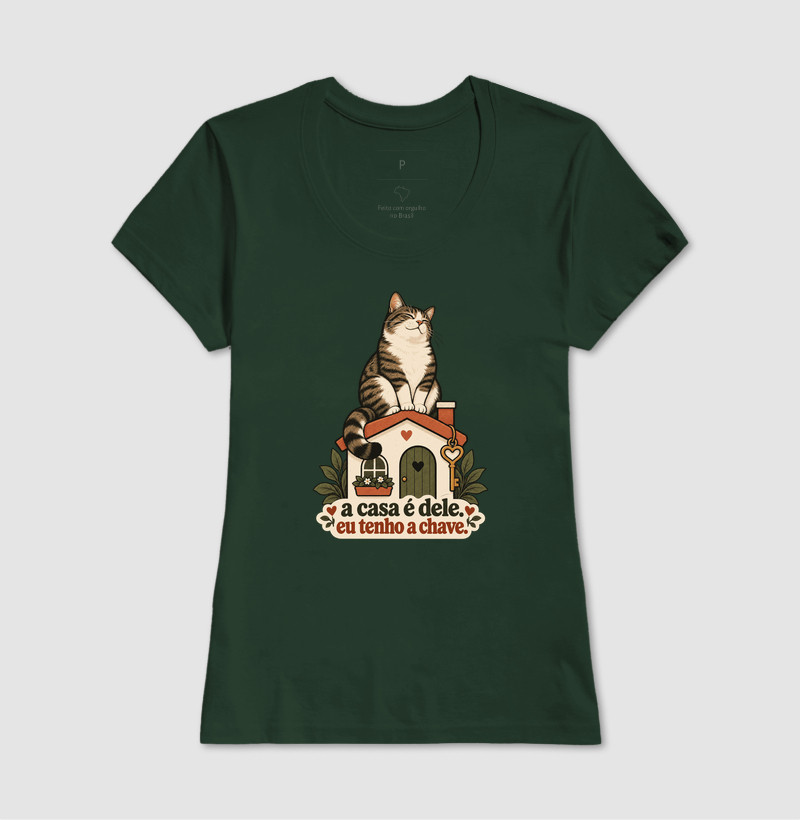 Camiseta Gato Humor "a casa é dele. eu tenho a chave." | Pelo & Pano - Imagem 13