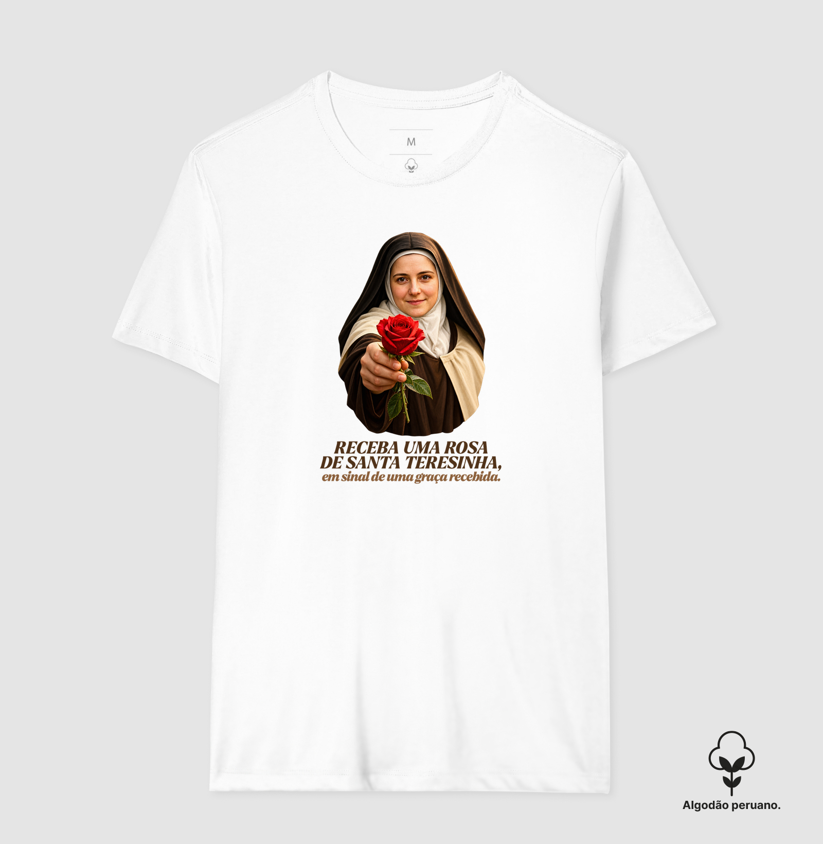 Camiseta Santa Teresinha do Menino Jesus Receba uma Rosa - Imagem 3