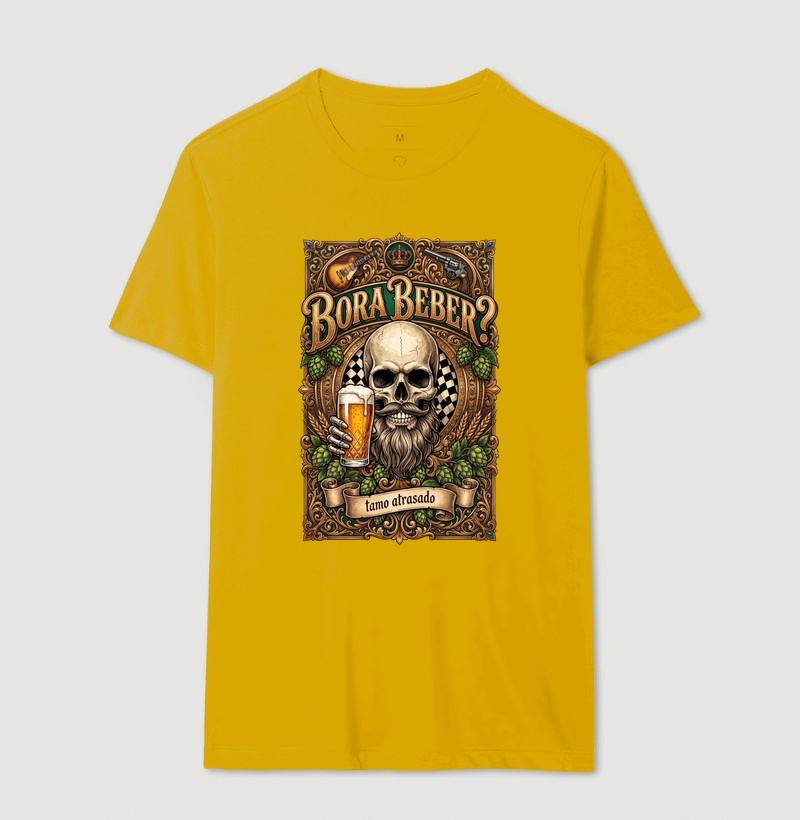 Bora Beber? Tamo Atrasado! | Camiseta Caveira Tattoo - Imagem 13