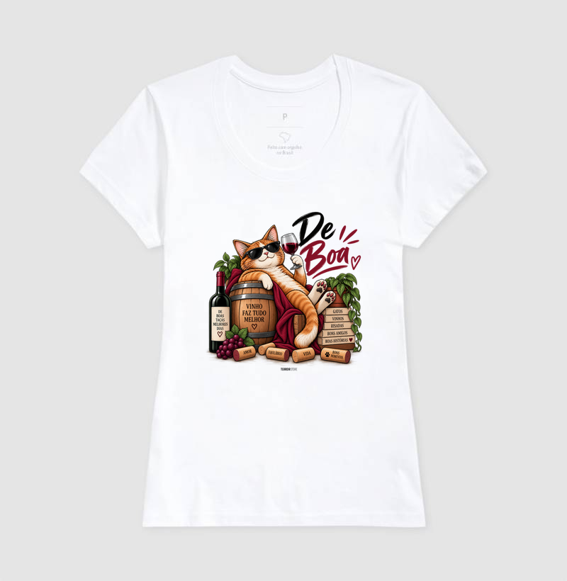 Camiseta “De Boa” Gato com Vinho – Estilo Relax & Life Mood - Imagem 5