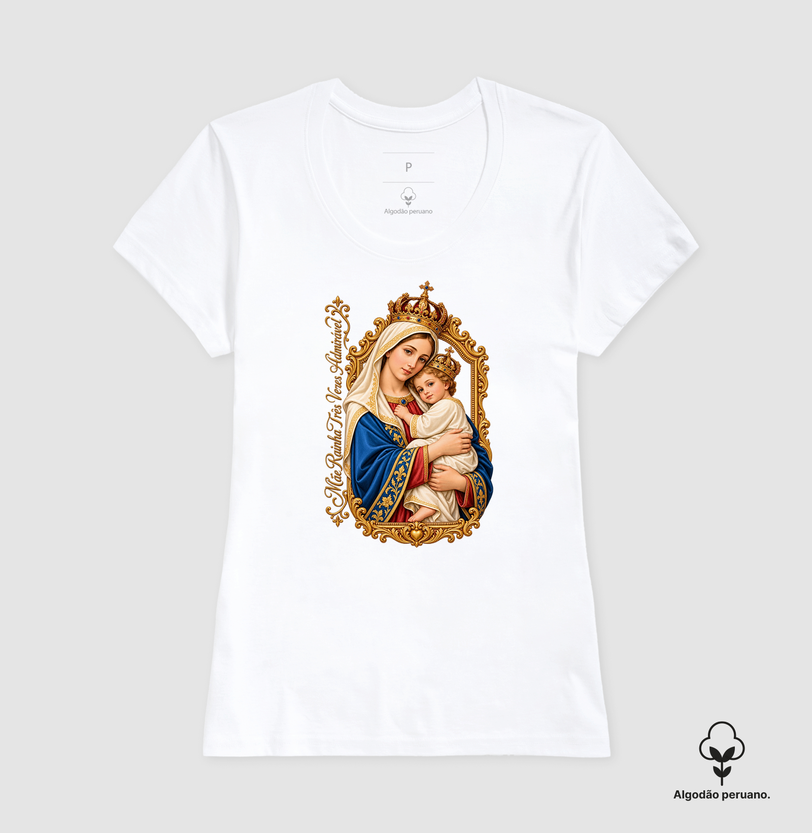 Camiseta Mãe Rainha Três Vezes Admirável Com Menino Jesus - Imagem 3