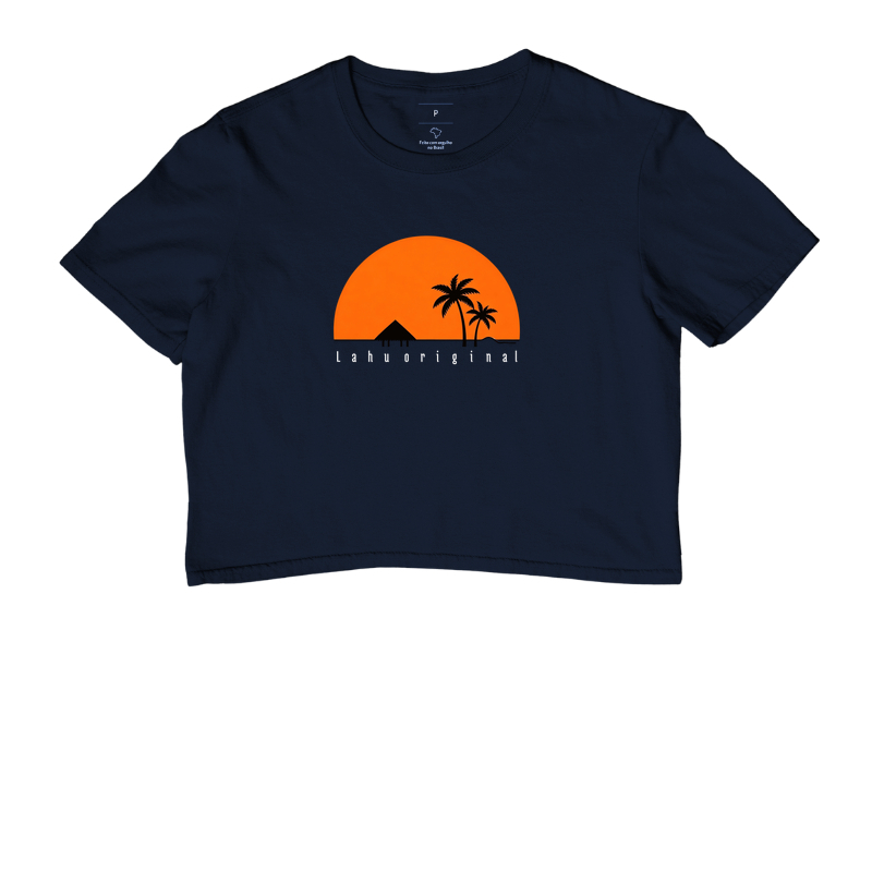 Essa estampa é um exemplo encantador do poder do minimalismo. Com poucos elementos — um grande sol alaranjado ao fundo, duas palmeiras negras e uma cabana simples — ela transmite uma sensação de tranquilidade tropical e liberdade.  - Imagem 4
