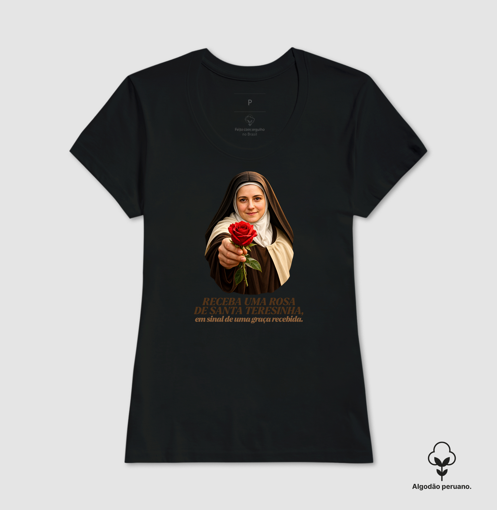 Camiseta Santa Teresinha do Menino Jesus Receba uma Rosa - Imagem 2