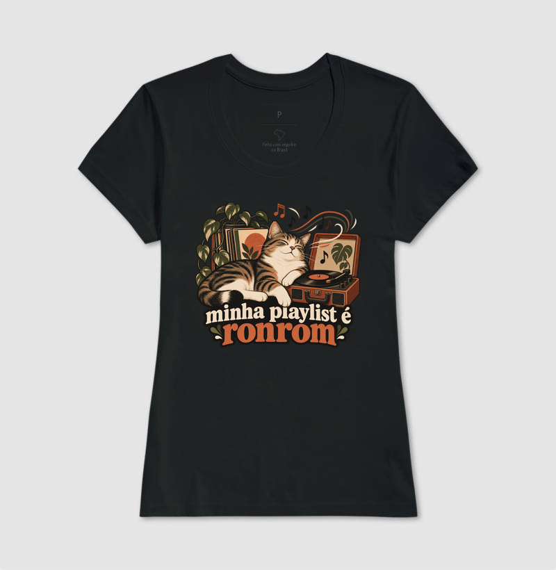 Camiseta Gato Música "minha playlist é ronrom" | Pelo & Pano - Imagem 3