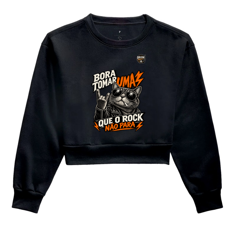 Cropped Moletom Rock Cat – Estampa Gato Rockeiro de Óculos e Jaqueta - Imagem 2