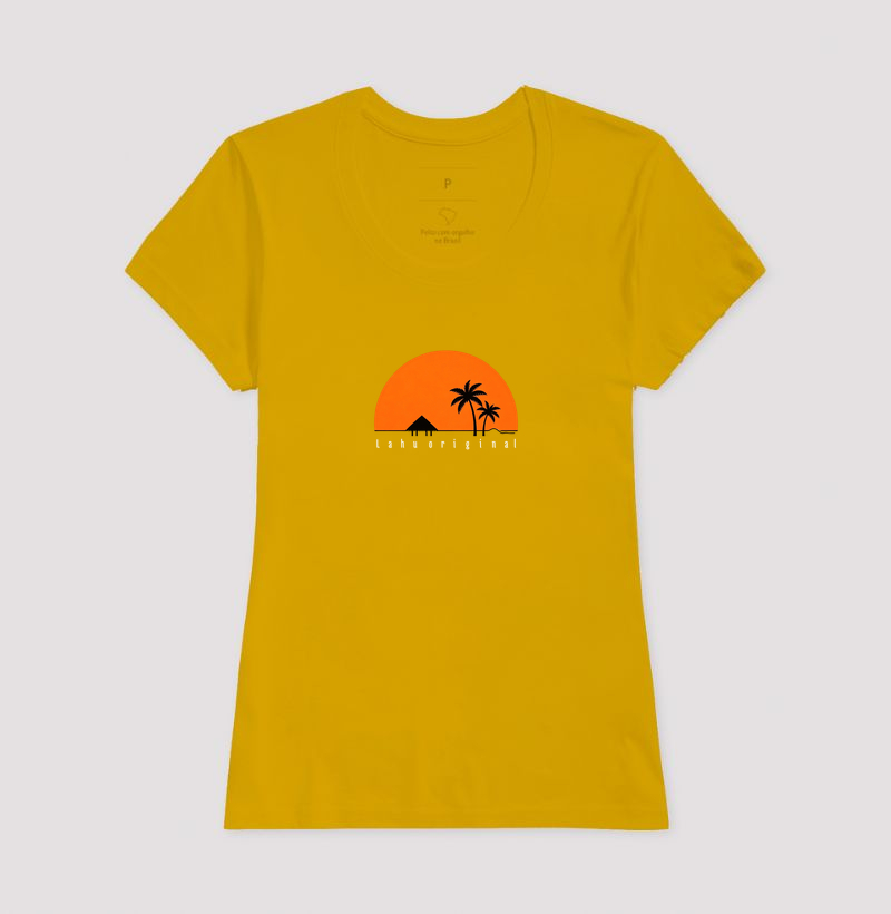 Essa estampa é um exemplo encantador do poder do minimalismo. Com poucos elementos — um grande sol alaranjado ao fundo, duas palmeiras negras e uma cabana simples — ela transmite uma sensação de tranquilidade tropical e liberdade.  - Imagem 10