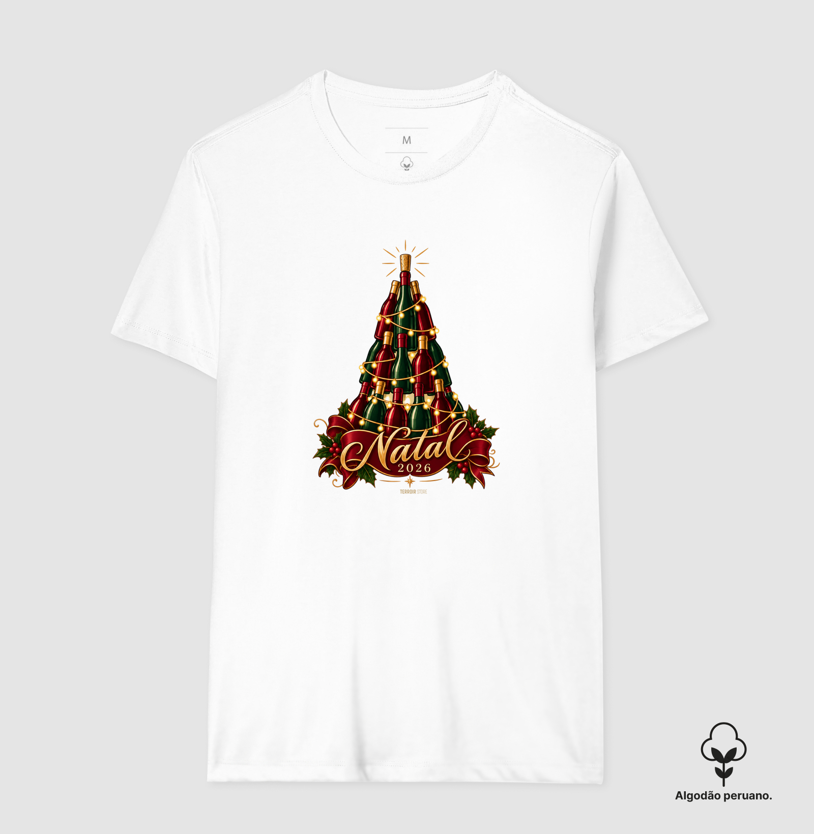Camiseta Algodão Peruano Natal 2026 – Árvore de Garrafas de Vinho - Imagem 8
