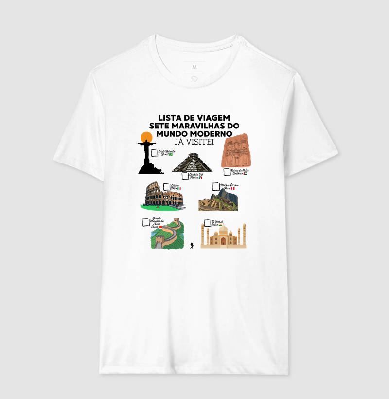 Camiseta Lista de Viagem Sete Maravilhas do Mundo Moderno | Marque as que Ja Visitou | Colecao Personalizaveis - Imagem 7
