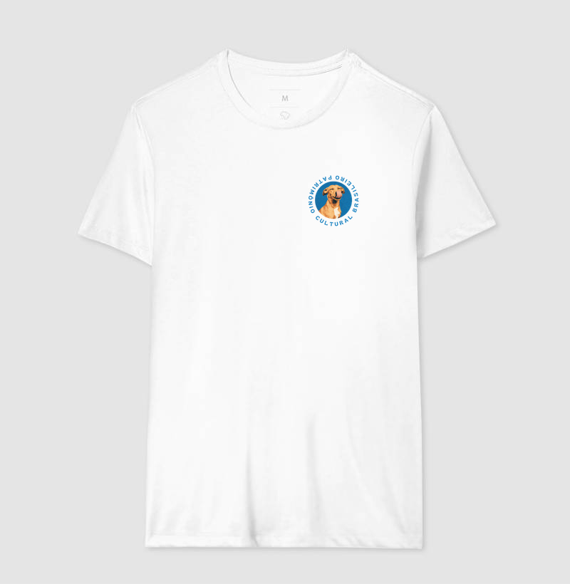 Camiseta Patrimônio Cultural Brasileiro Vira-Lata Caramelo Emblema Azul Estampa Unissex - Imagem 4