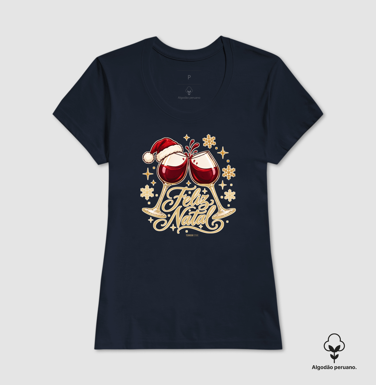 Camiseta Algodão Peruano Feliz Natal – Brinde de Taças de Vinho - Imagem 4