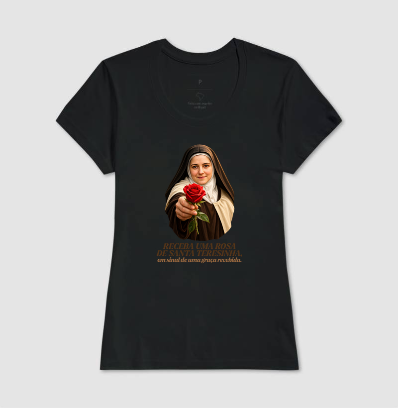 Camiseta Santa Teresinha do Menino Jesus Receba uma Rosa - Imagem 3